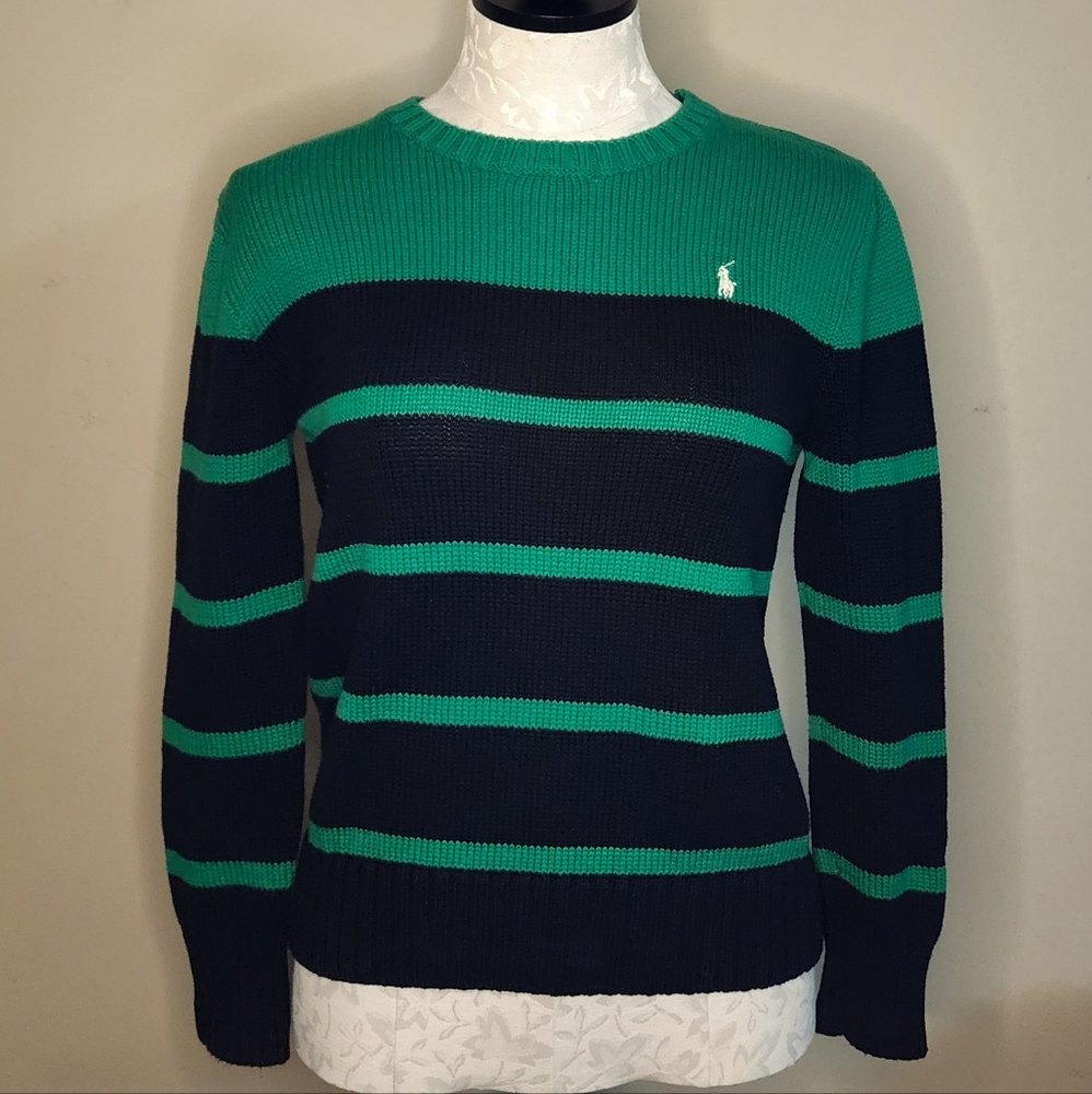 Polo Ralph Lauren Sweater Boys Youth Medium 10-12 Striped Navy / Green Crew Neck